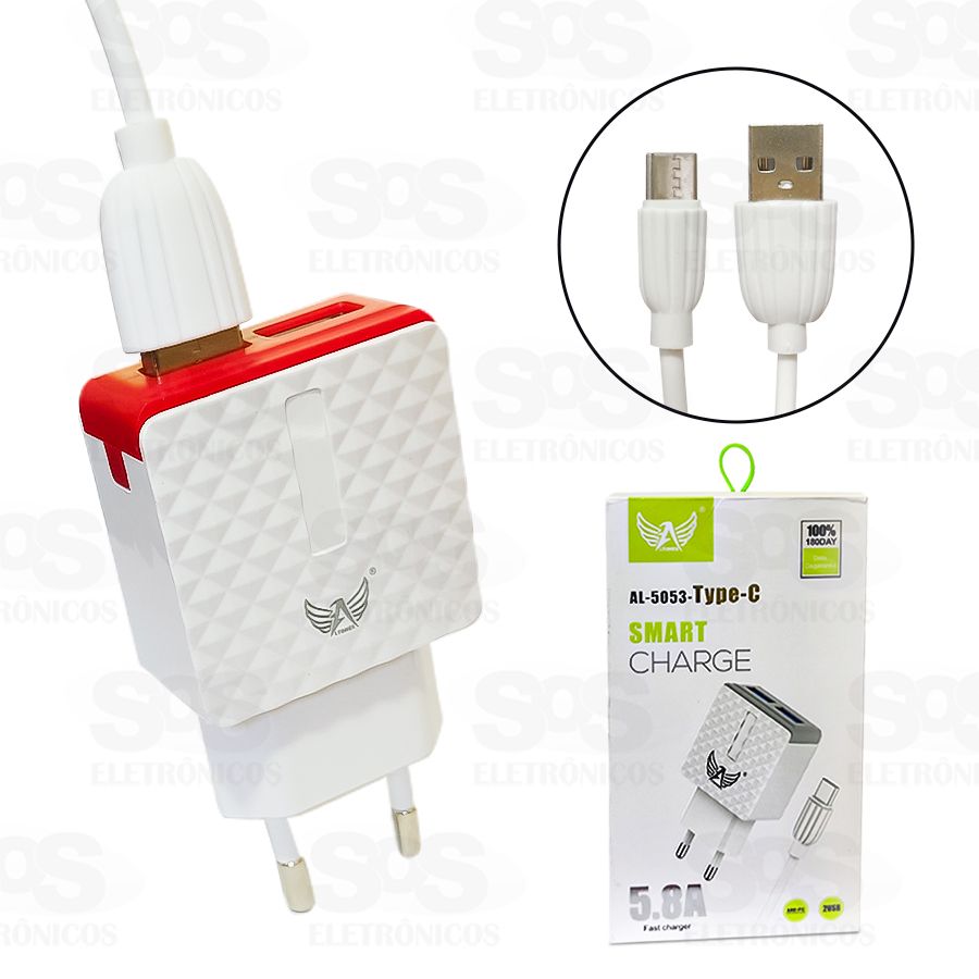 Carregador 2 Portas USB 5.8A Acompanha Cabo Type C Altomex AL-5053-C