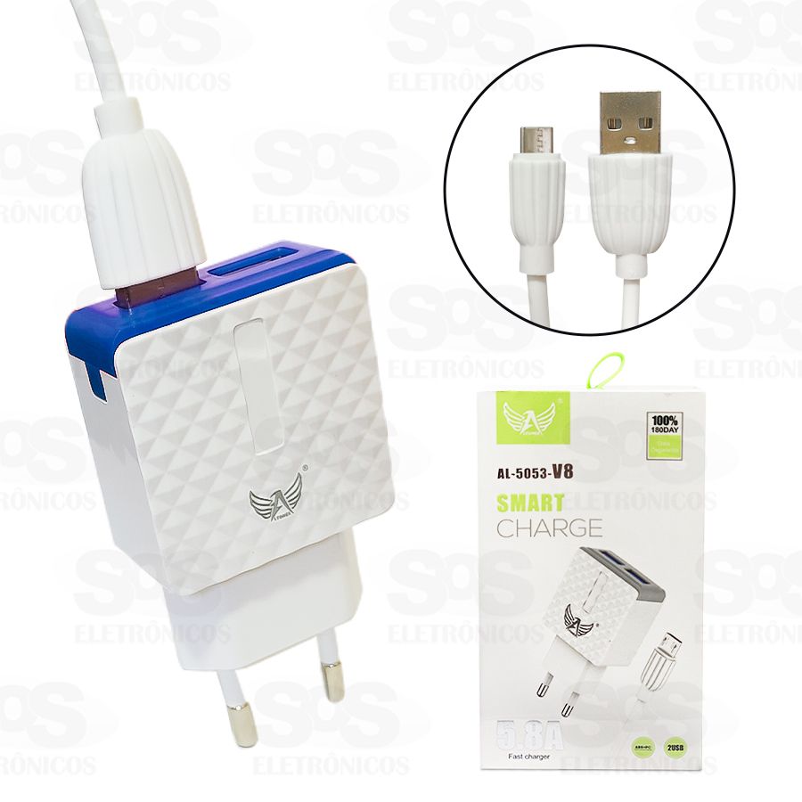Carregador 2 Portas USB 5.8A Acompanha Cabo Micro USB V8 Altomex AL-5053-V8