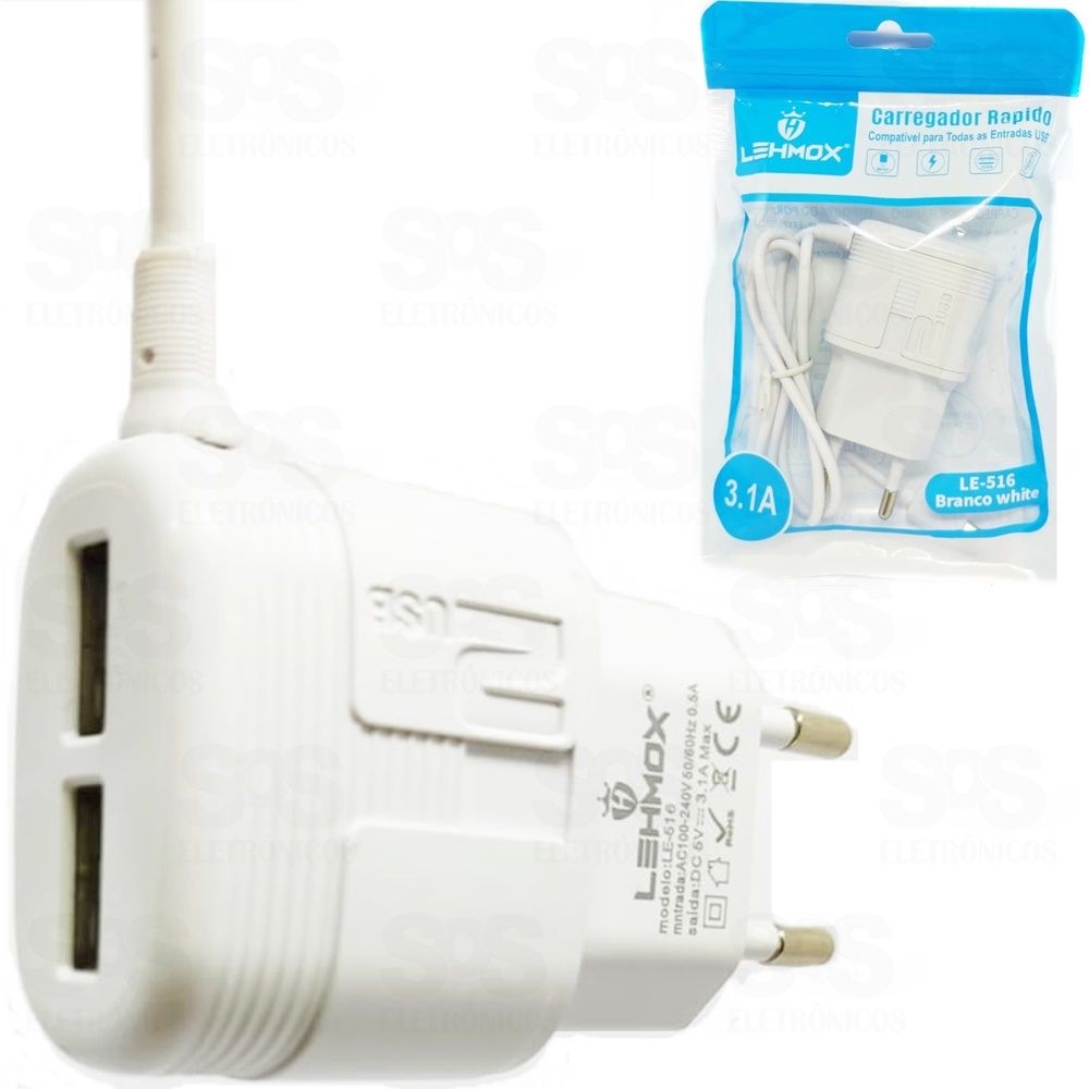Carregador Micro USB V8 2 USB 3.1A White Lehmox le-516