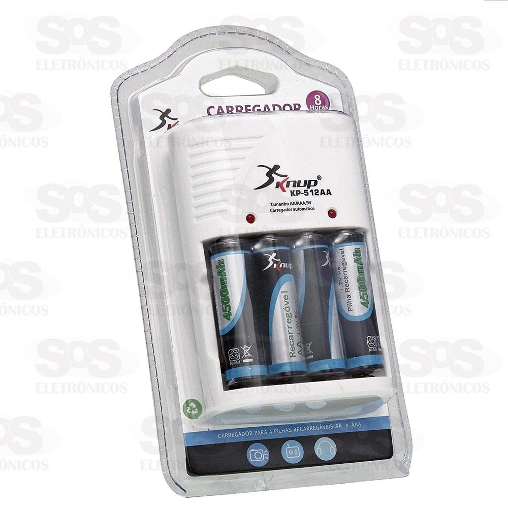 Carregador Com 4 Pilhas AA Recarregáveis Knup kp-512aa