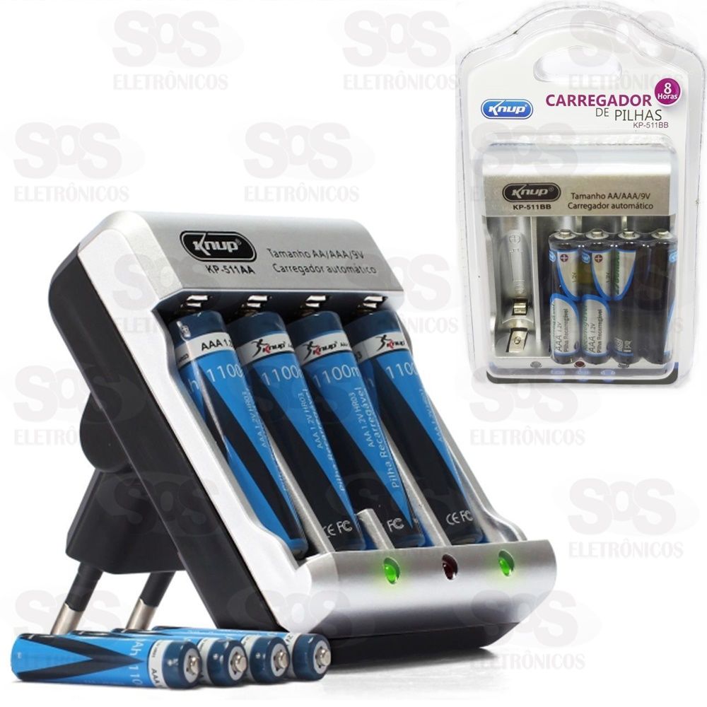 Carregador Com 4 Pilhas AAA Recarregáveis Knup kp-511bb