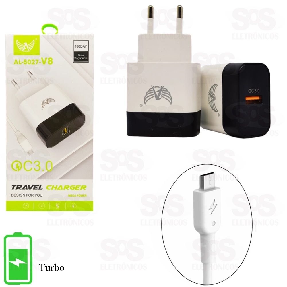 Carregador Turbo Fast Charger 3.0 Com Cabo Micro USB V8  Altomex AL-5027-v8