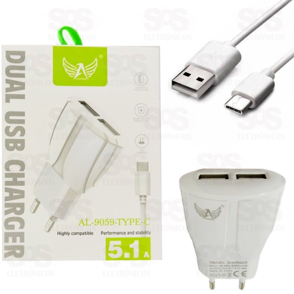 Carregador Type C Com 2 Portas USB 5.1A Altomex al-9059C