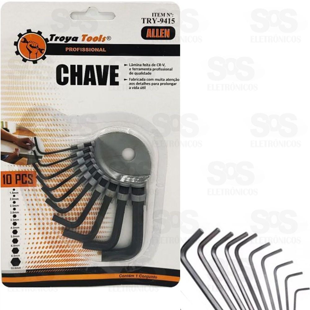Kit Chave Allen 1,5 a 10mm com 10 Peas Troya Tools try-9415