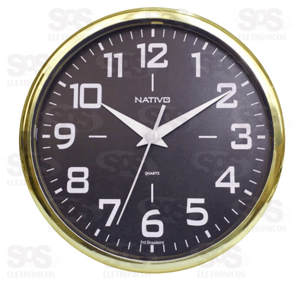 Relógio De Parede Redondo Metalizado Dourado E Preto Nativo 80406-6