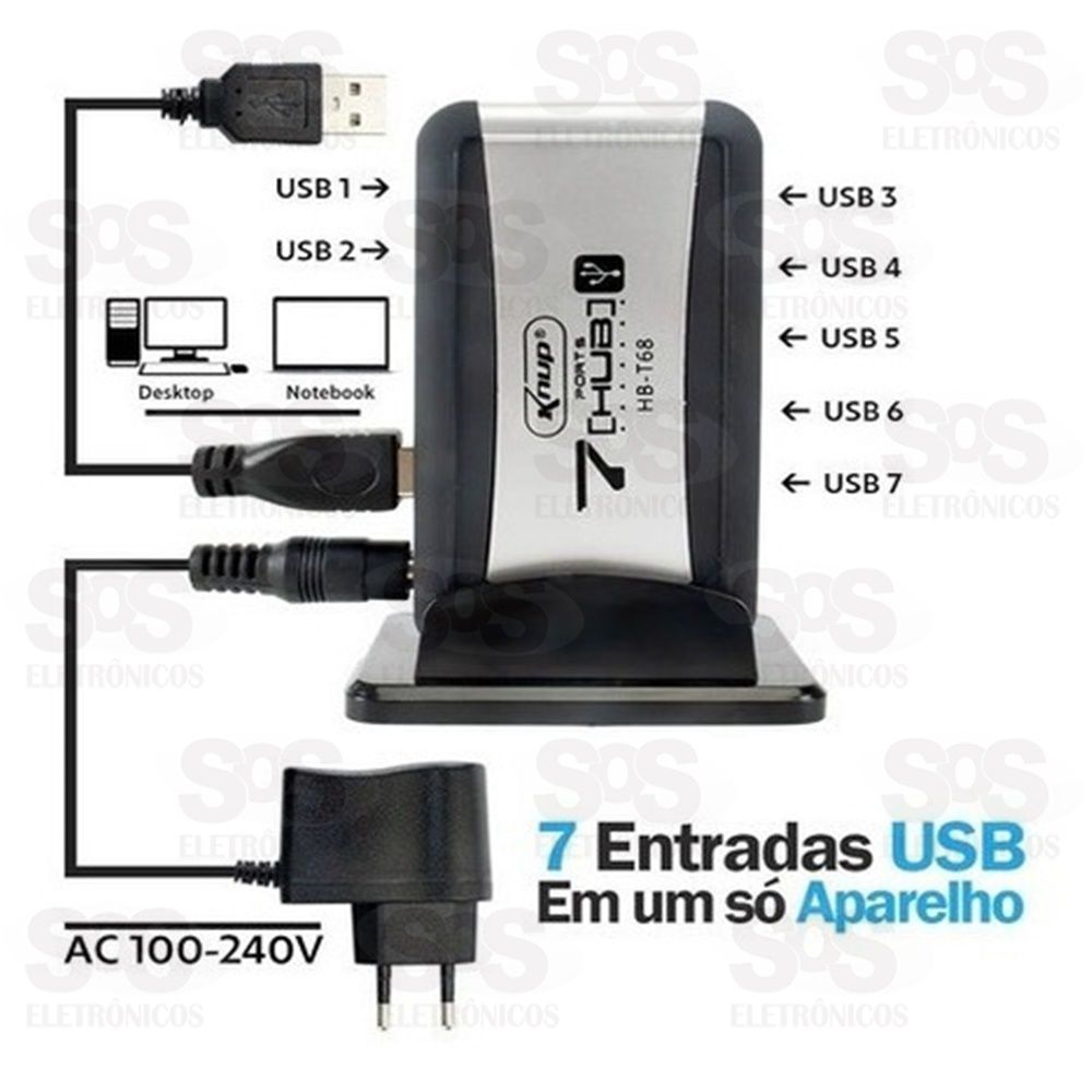 Hub USB 2.0 7 Portas Com Fonte Knup HB-T68