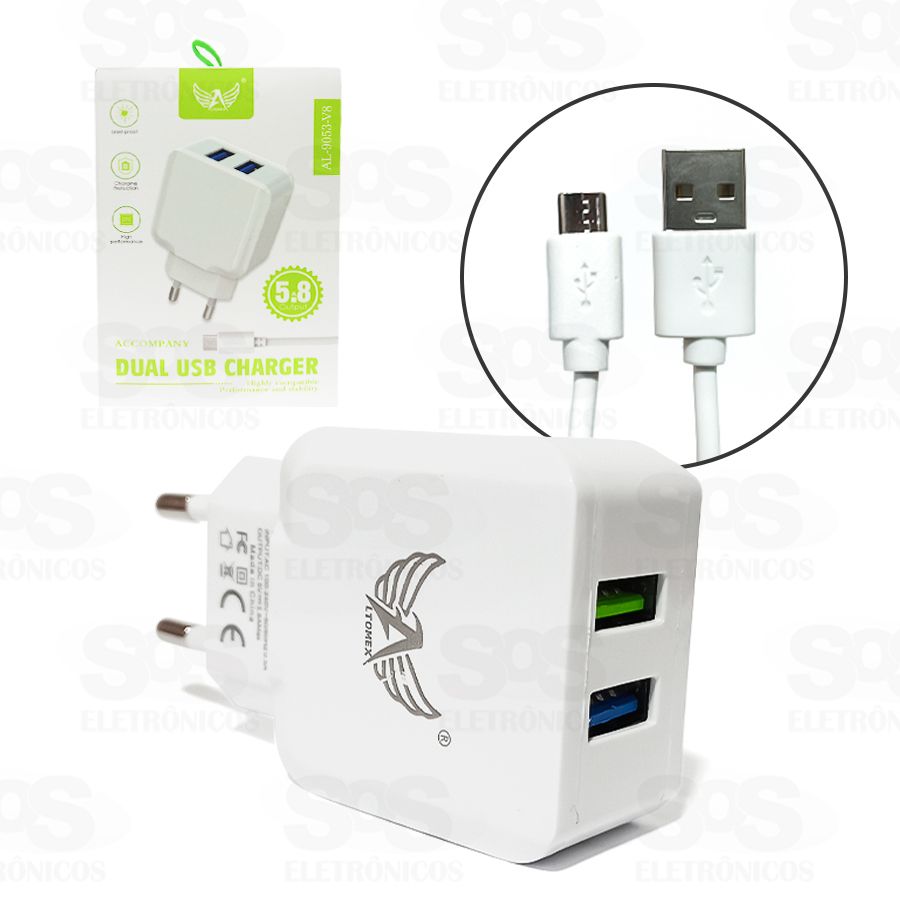 Carregador 2 Portas USB 5.8A Acompanha Cabo Micro USB V8 Altomex AL-9053-V8