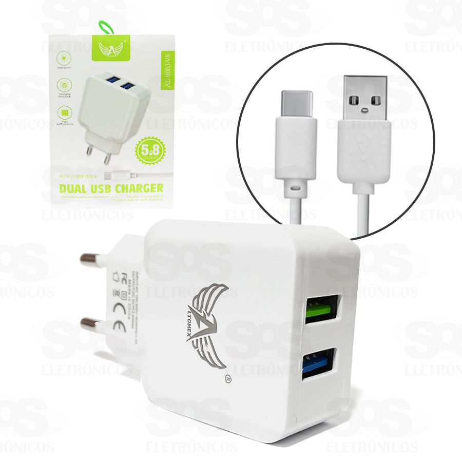 Carregador 2 Portas USB 5.8A Acompanha Cabo Type C Altomex AL-9053-TPC