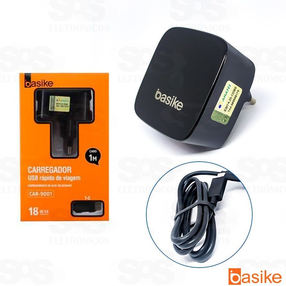 Carregador USB Rápido 18W com Cabo Micro USB V8 Basike car-9001
