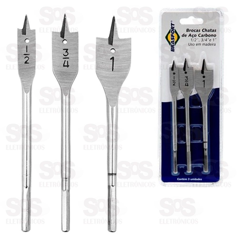 Broca Chata 1/2 A 1 Com 3 Peças Brasfort 7028