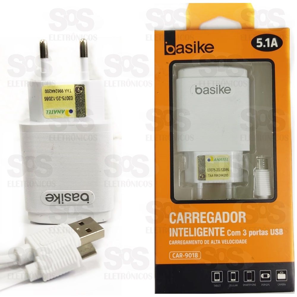 Carregador 3 Portas USB 5.1A Acompanha Cabo Basike 9018
