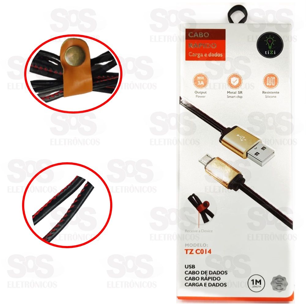 Cabo Couro E Organizador 3A Micro USB V8 1 Metro Tizi tz c014