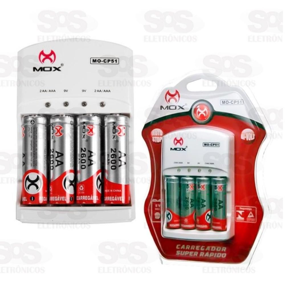 Carregador Com 4 Baterias AA 2600 mAh Super Rápido Mox mo-cp51