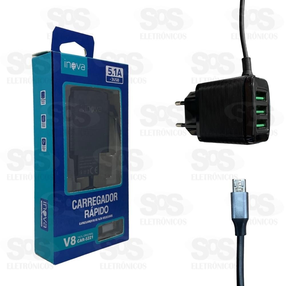 Carregador Micro USB V8 5.1A 3 USB Prime Inova car-5221