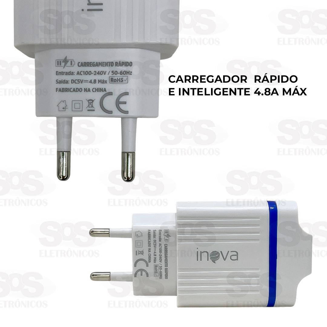 Carregador Rápido 4.8A 2 USB Cabo Type-C Inova CAR-9006