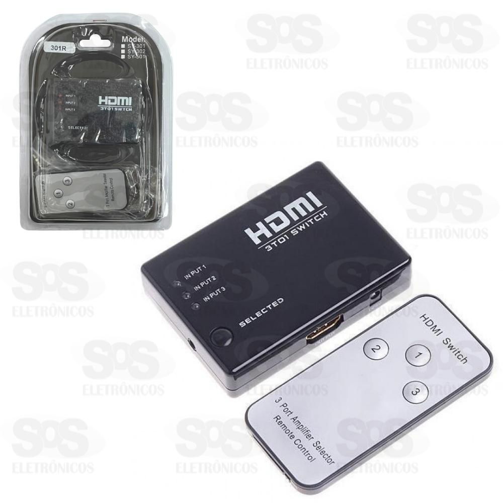 Hub Switch HDMI 3x1 Com Controle Remoto 301R