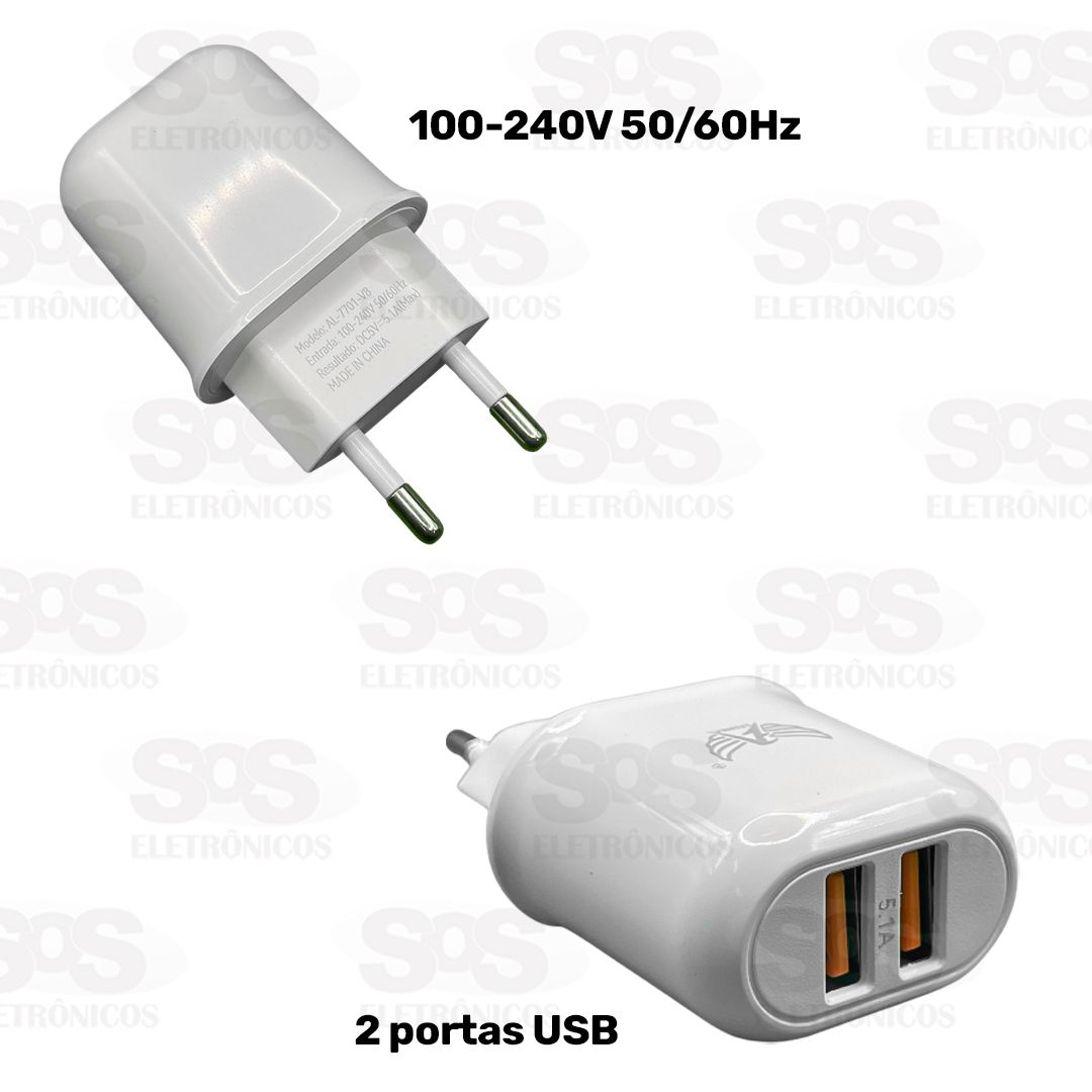 Carregador 2 Portas USB 5.1A Com Cabo Micro USB V8 Altomex AL-7701-V8