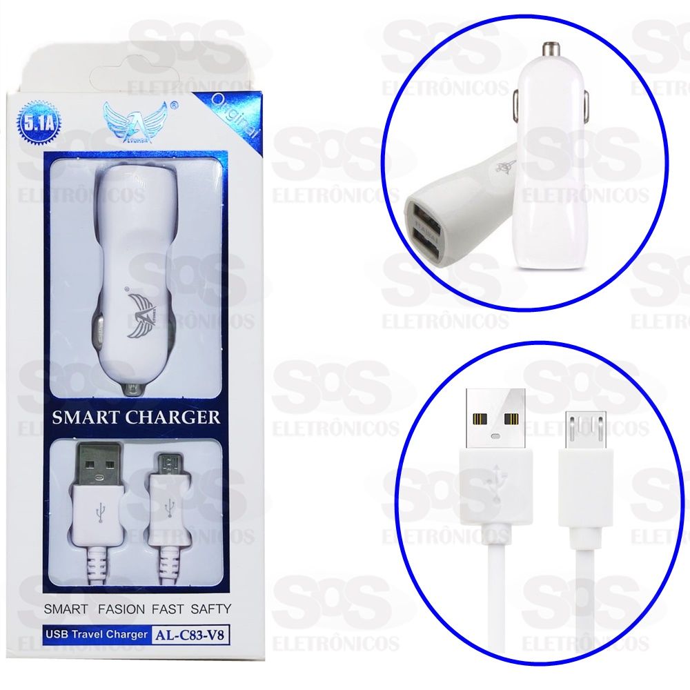 Carregador Veicular 2 Portas USB  Com cabo Micro USB (V8) Altomex AL-C38