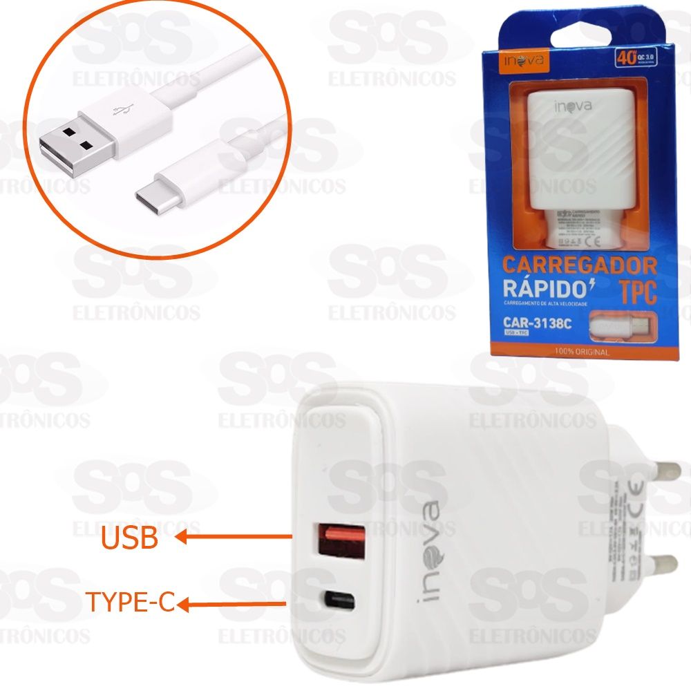 Carregador 20W Type-C Com Portas USB E Type-C Inova CAR-3138C