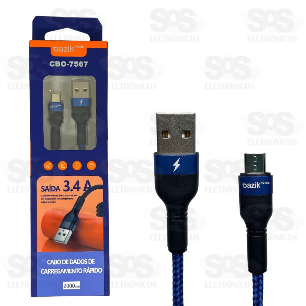 Cabo De Nylon Micro USB V8 2 Metros 3.4A Bazik Prime CBO-7567