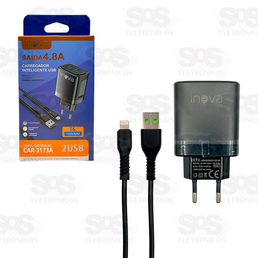 Carregador 2 USB 4.8A Com Cabo Iphone Inova CAR-3173A