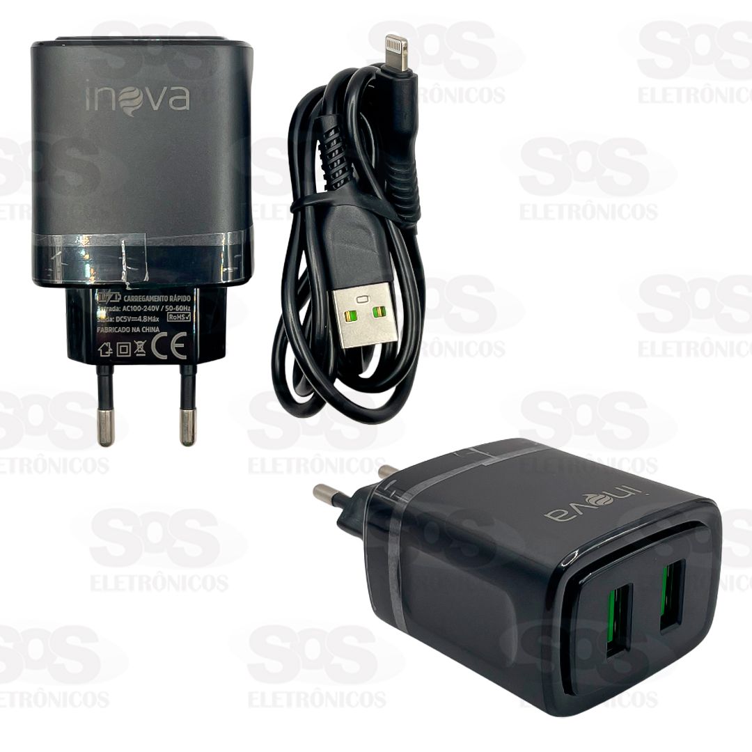 Carregador 2 USB 4.8A Com Cabo Iphone Inova CAR-3173A