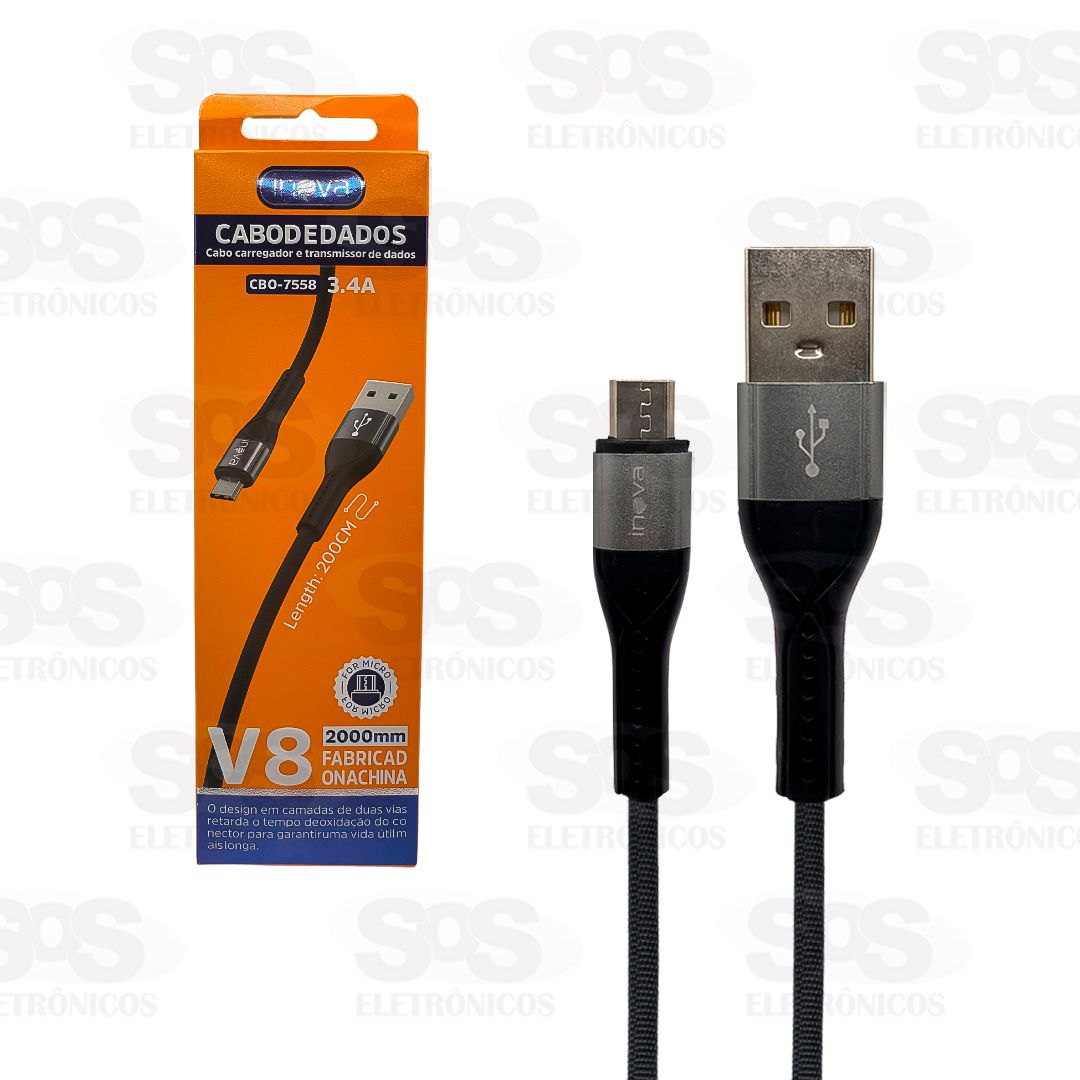 Cabo De Nylon Reforado Micro USB V8 2 Metros Inova CBO-7558