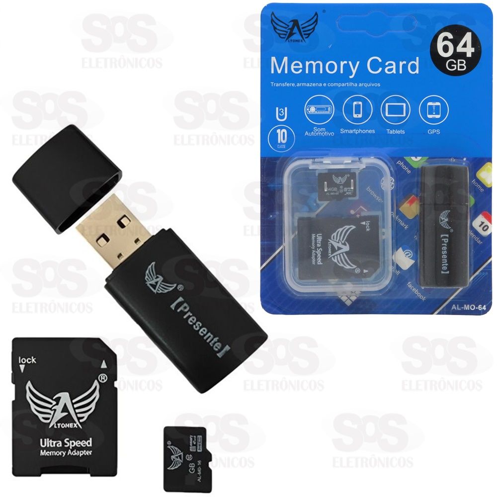 Carto De Memria 64GB Com Adaptador SD E Leitor de Carto Altomex AL-MO-64