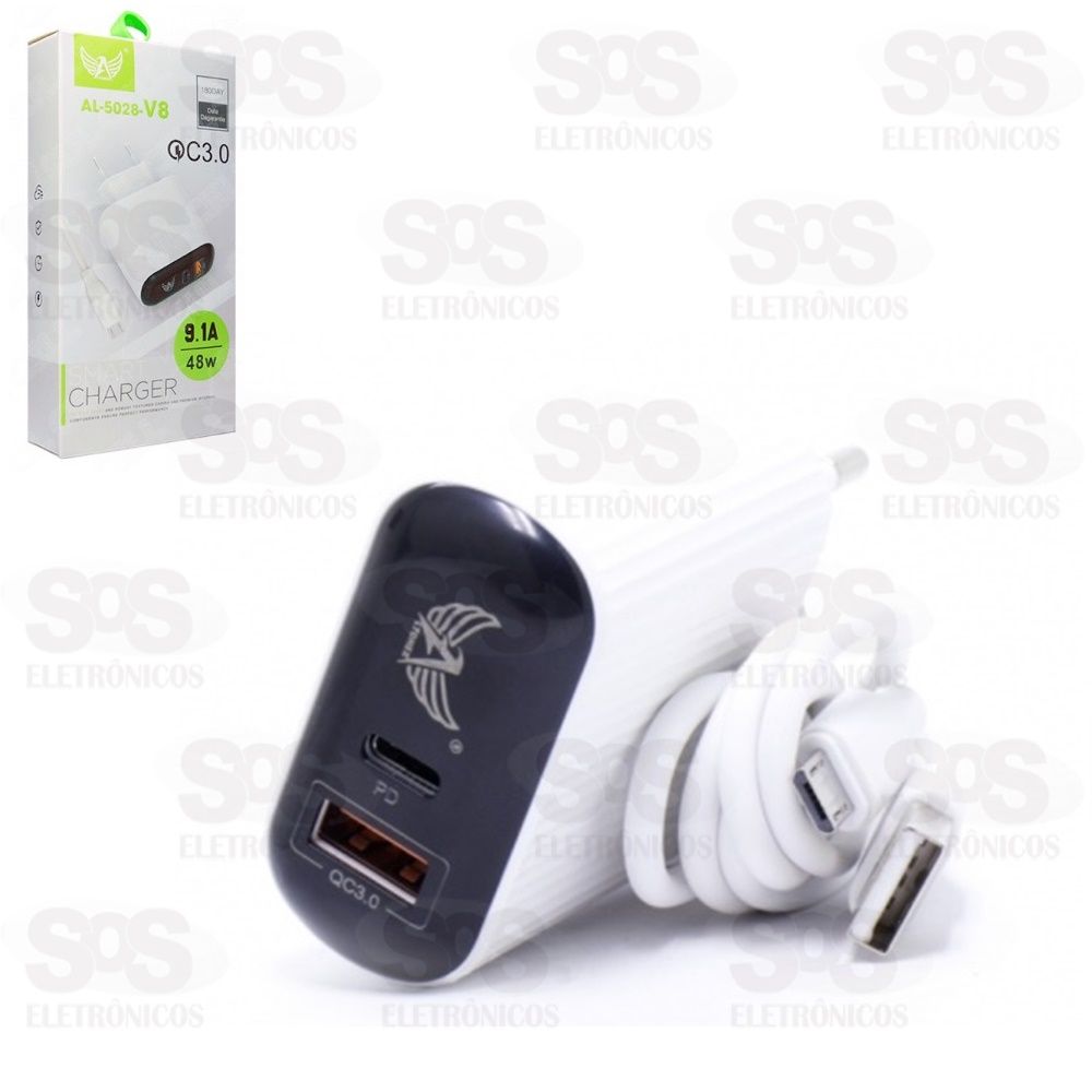 Carregador Inteligente 48W Micro USB V8 com 1 USB + Type-c 9.1A  Altomex AL-5028