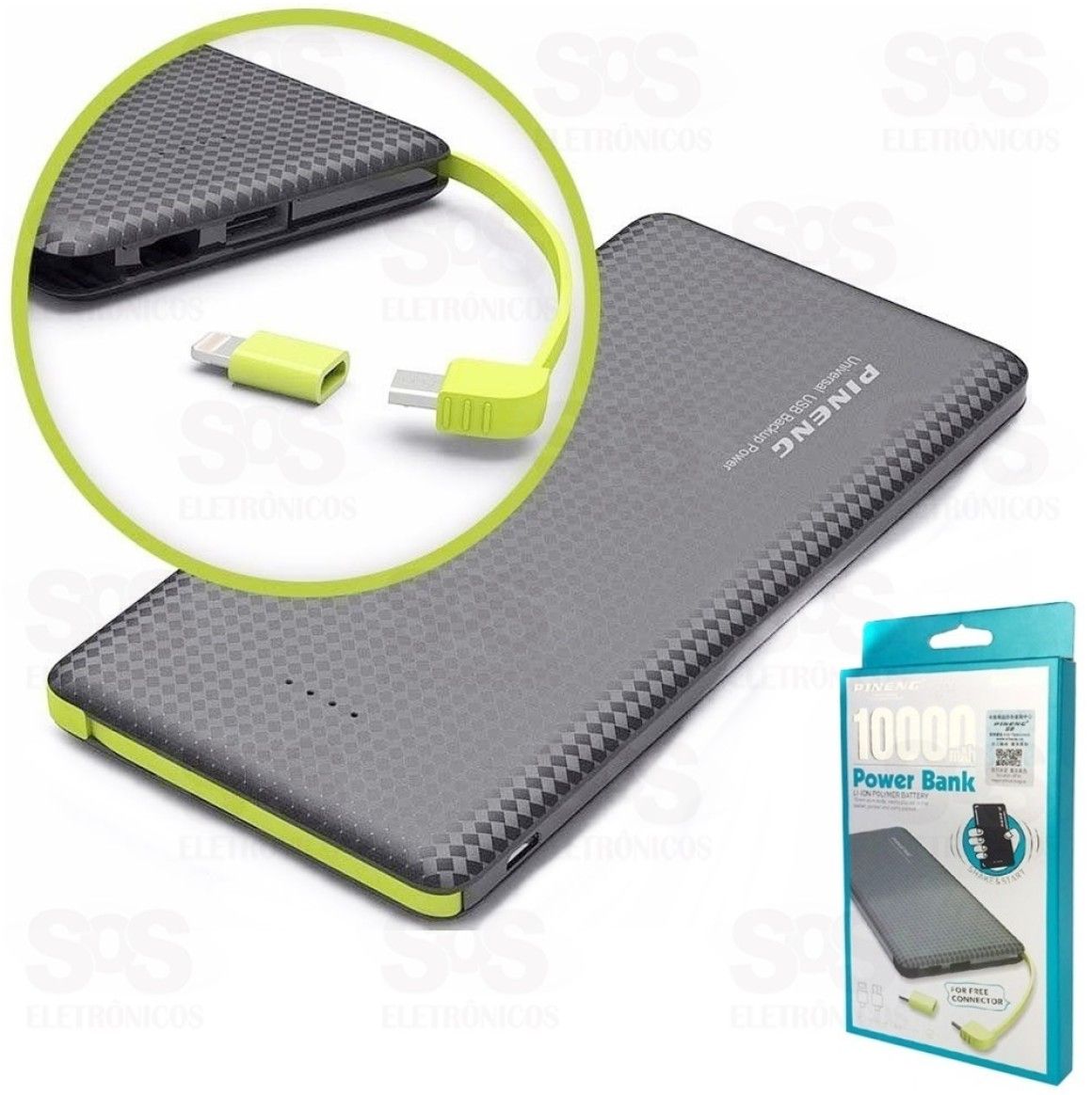 Carga Extra 10.000 mAh Micro USB V8 Com Adaptador Iphone Pineng PN-951