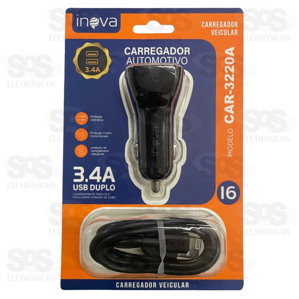 Carregador Veicular 2 USB 3.4A Com Cabo Iphone Inova CAR-3220A