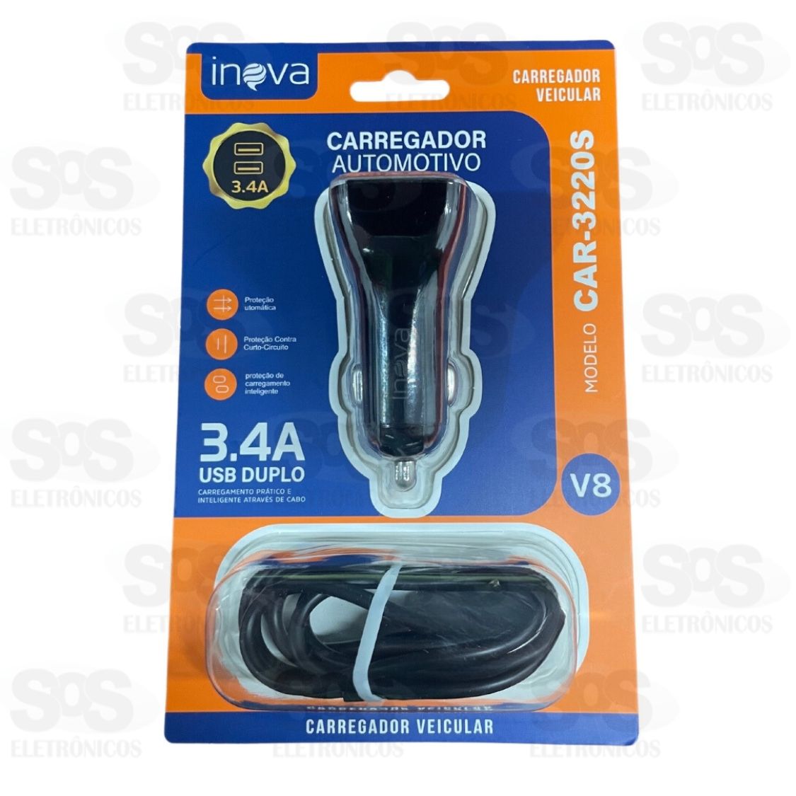 Carregador Veicular 2 USB 3.4A Com Cabo Micro USB V8 Inova CAR-3220S