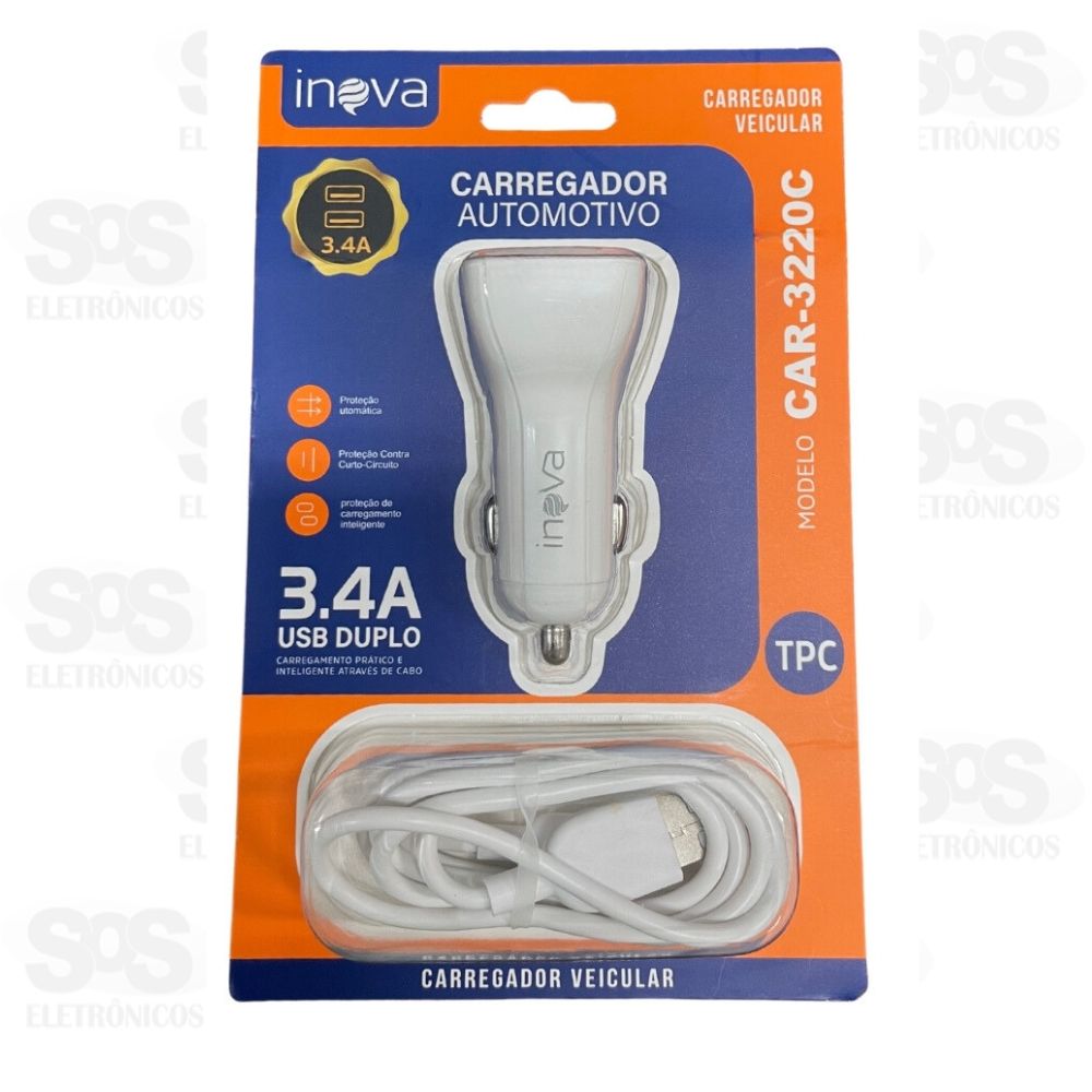 Carregador Veicular 2 USB 3.4A Com Cabo Type C Inova CAR-3220C