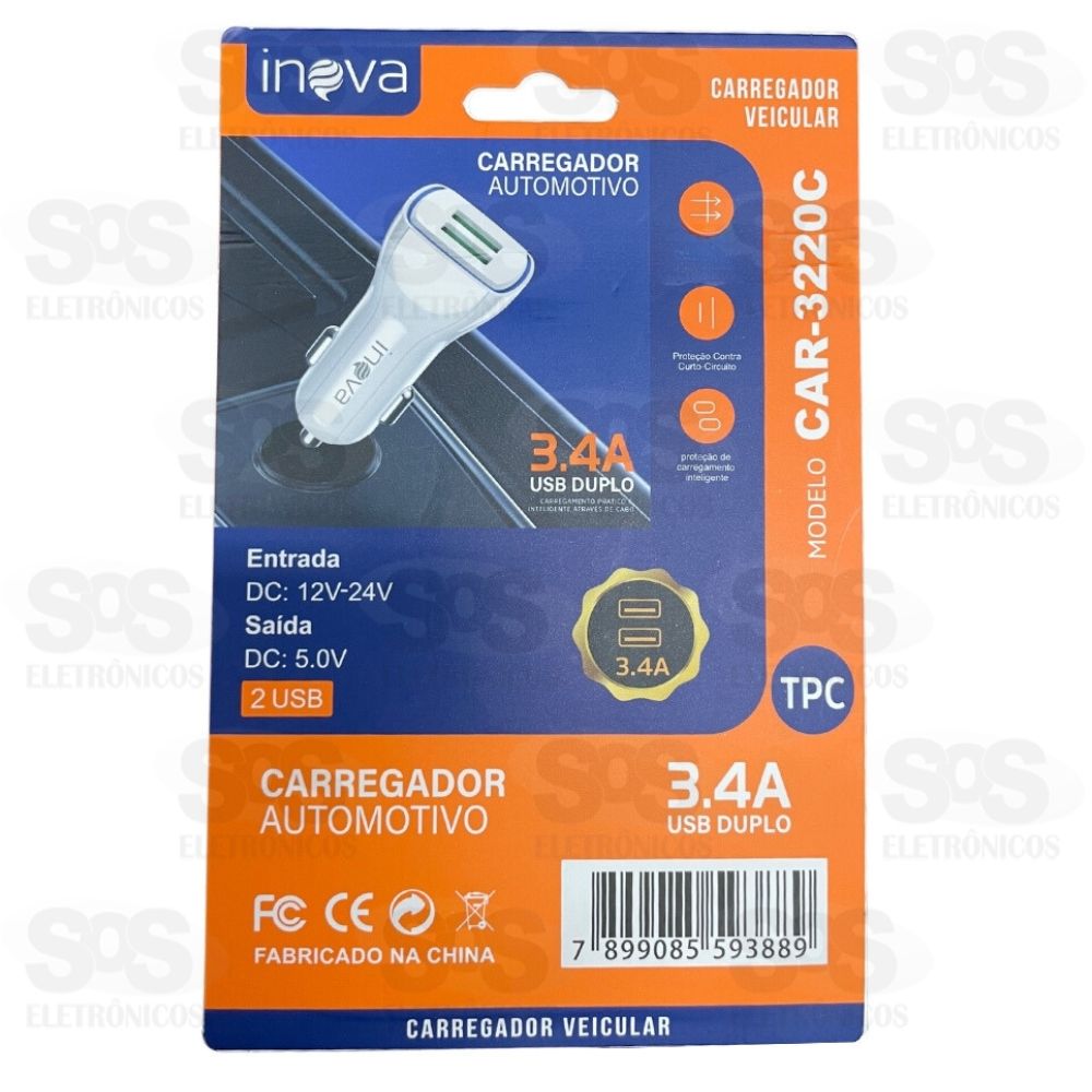 Carregador Veicular 2 USB 3.4A Com Cabo Type C Inova CAR-3220C