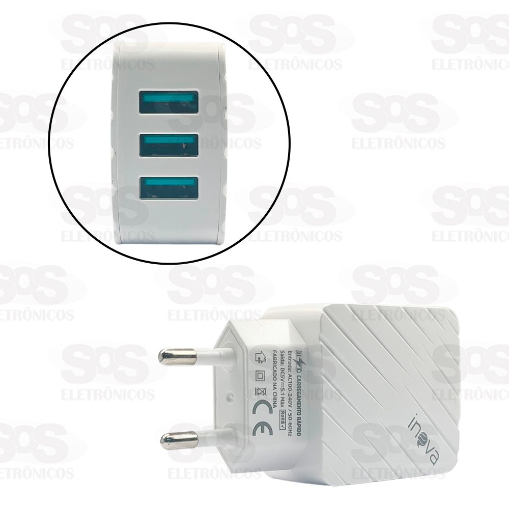 Carregador Rpido 3 USB 5.1A Cabo Iphone Inova CAR-5266A