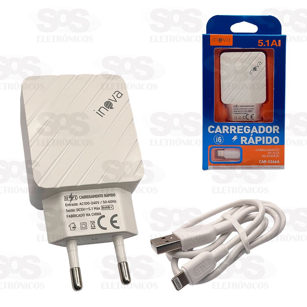 Carregador Rpido 3 USB 5.1A Cabo Iphone Inova CAR-5266A