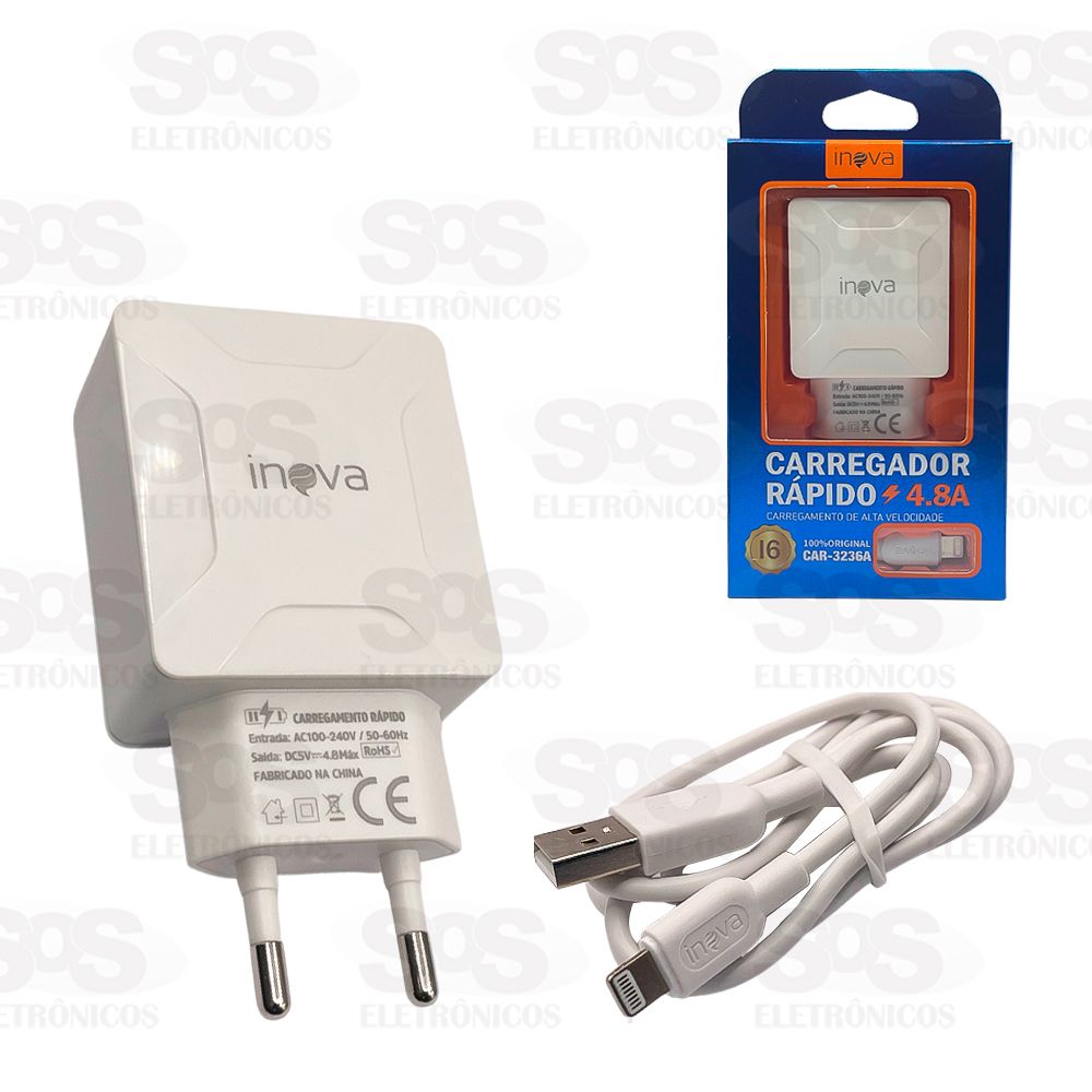 Carregador Rpido 2 USB 4.8A Com Cabo Iphone Inova CAR-3236A