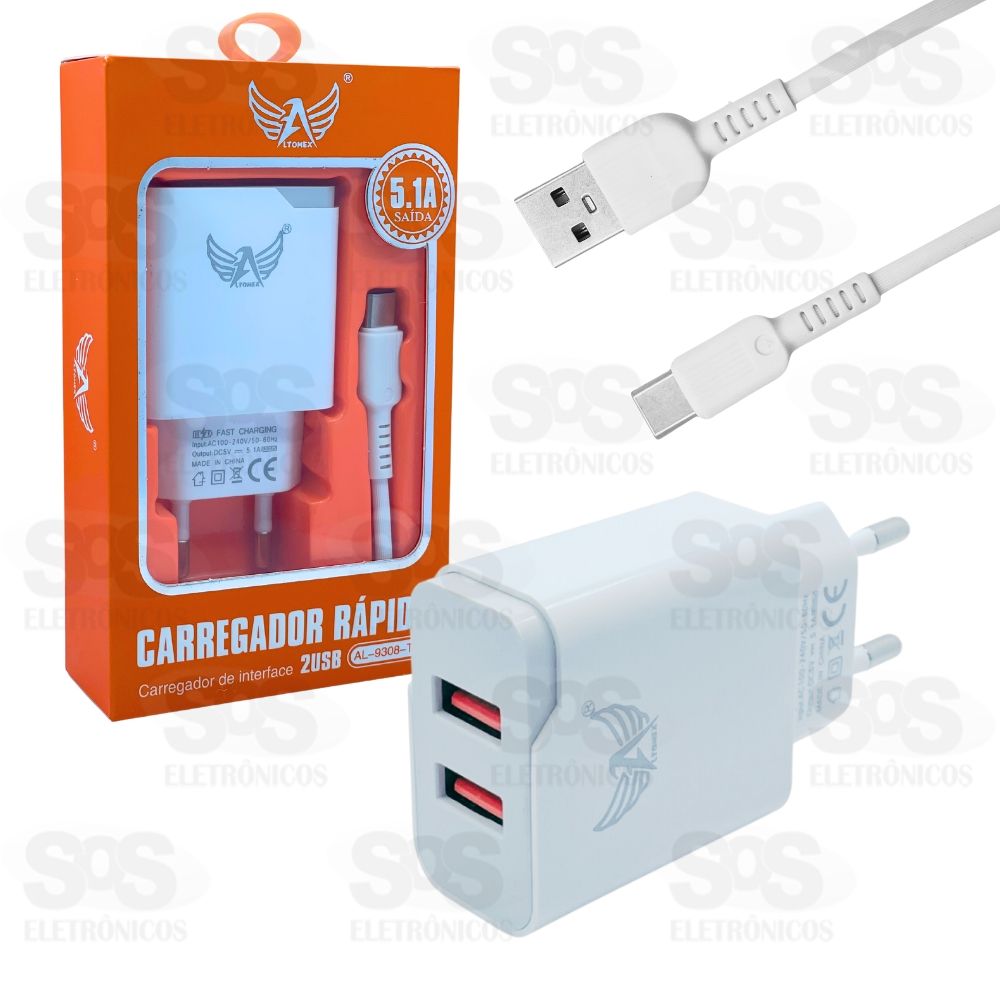 Carregador 2 USB 5.1A Com Cabo Type-C Altomex AL-9308-TY