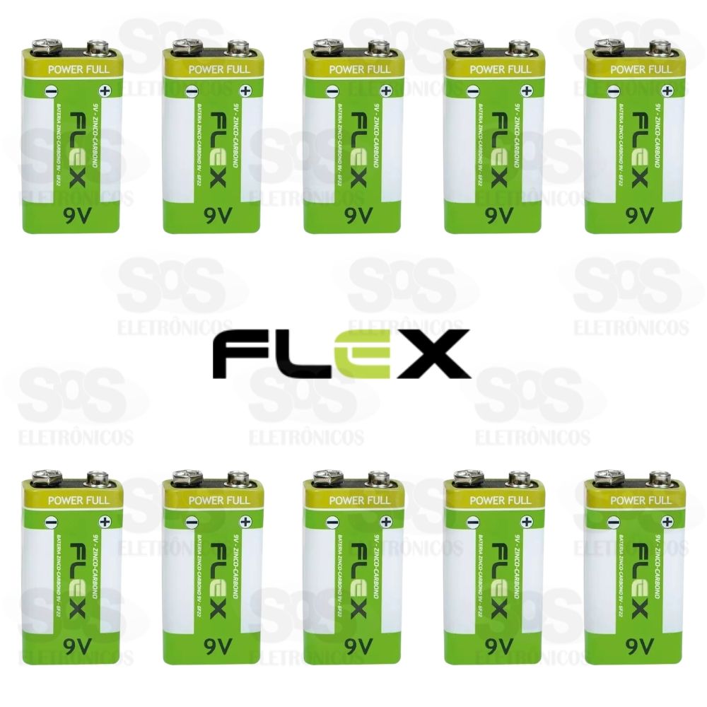 Bateria de Zinco Carbono 9V Caixa Com 10 Unidades Flex FX-9Z1A