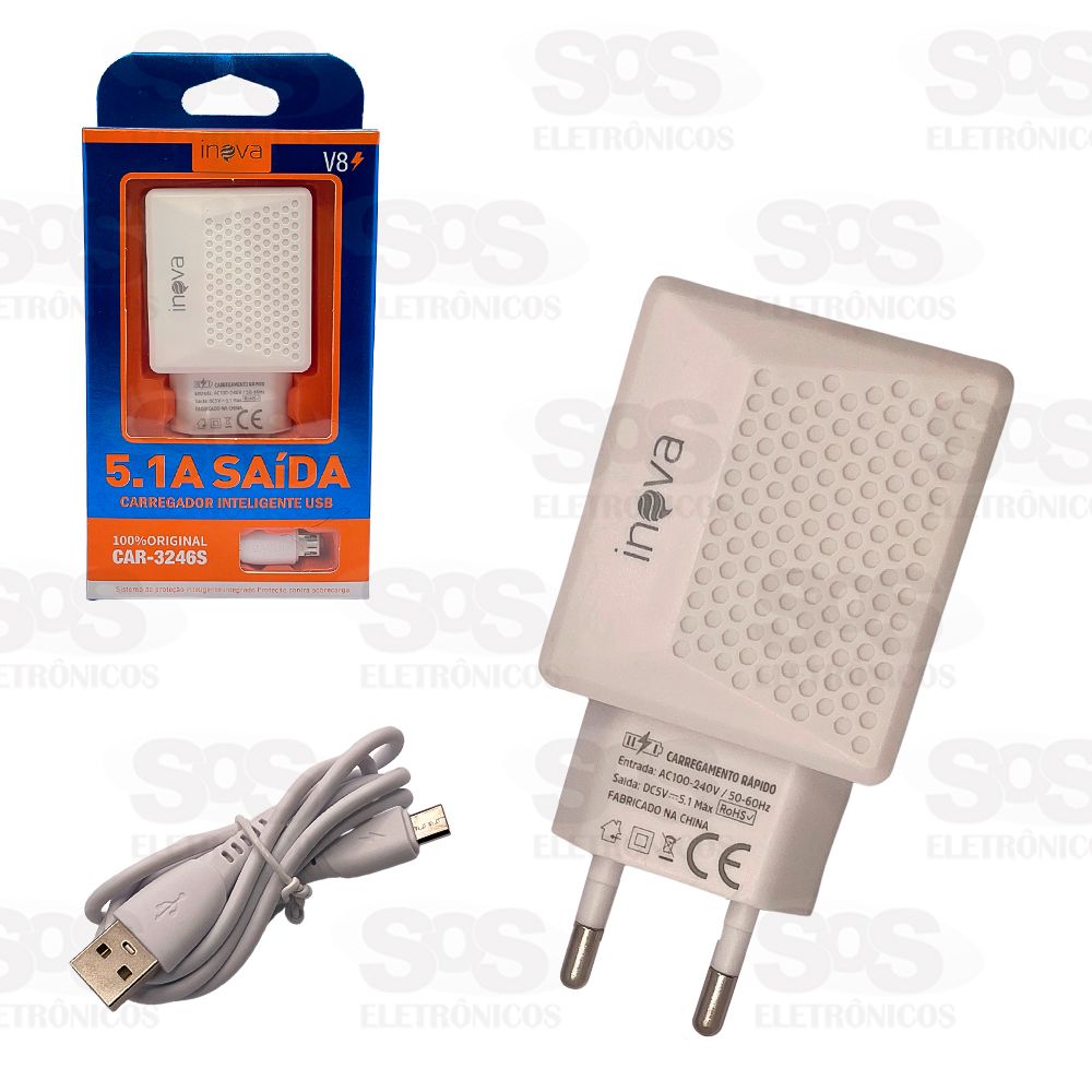 Carregador 3 USB 5.1A Com Cabo Micro V8 Inova CAR-3246S