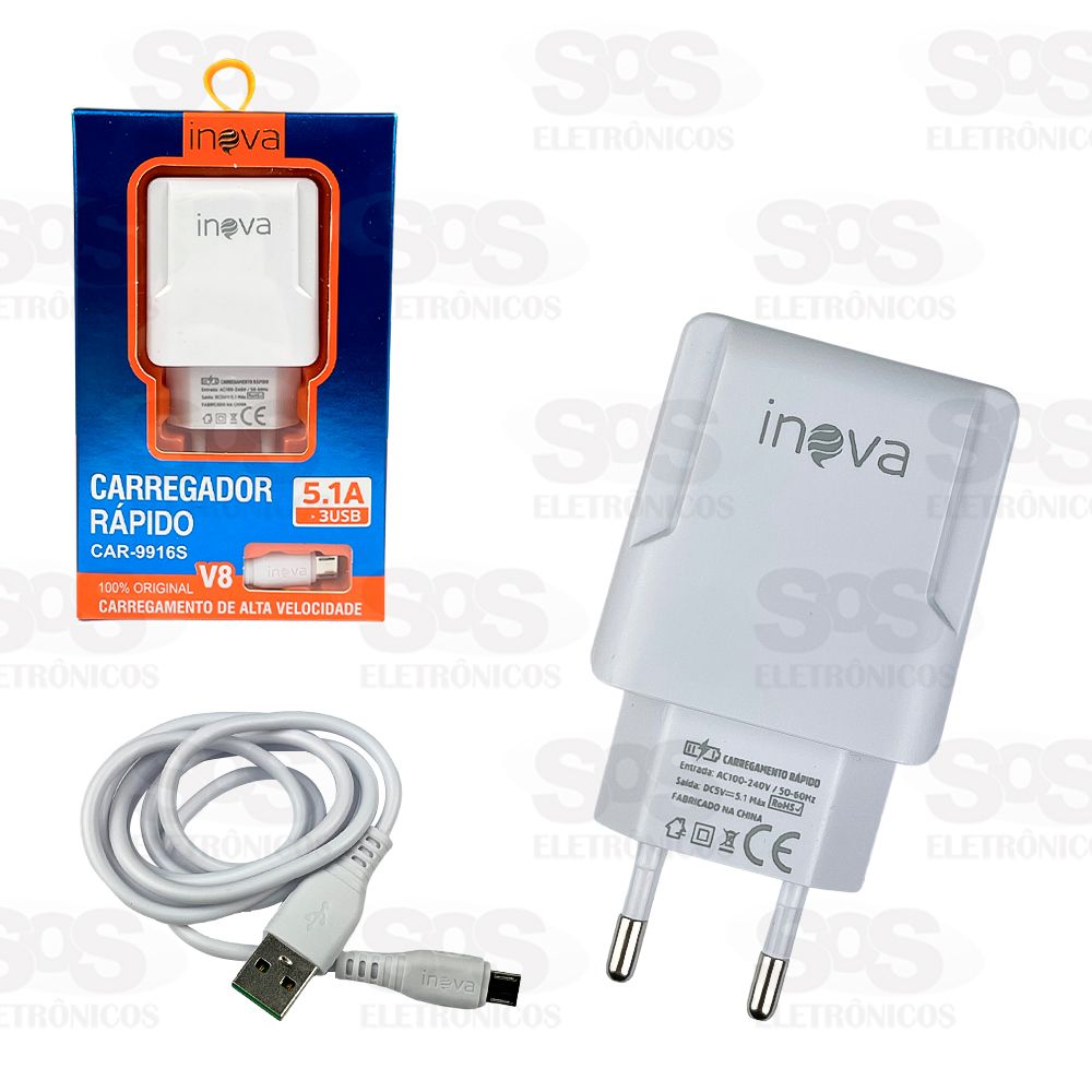 Carregador Rpido 3 USB 5.1A Com Cabo Micro USB V8 Inova CAR-9916S