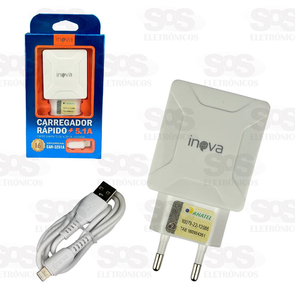 Carregador Rpido 3 USB 5.1A Com Cabo Iphone Inova CAR-3251A