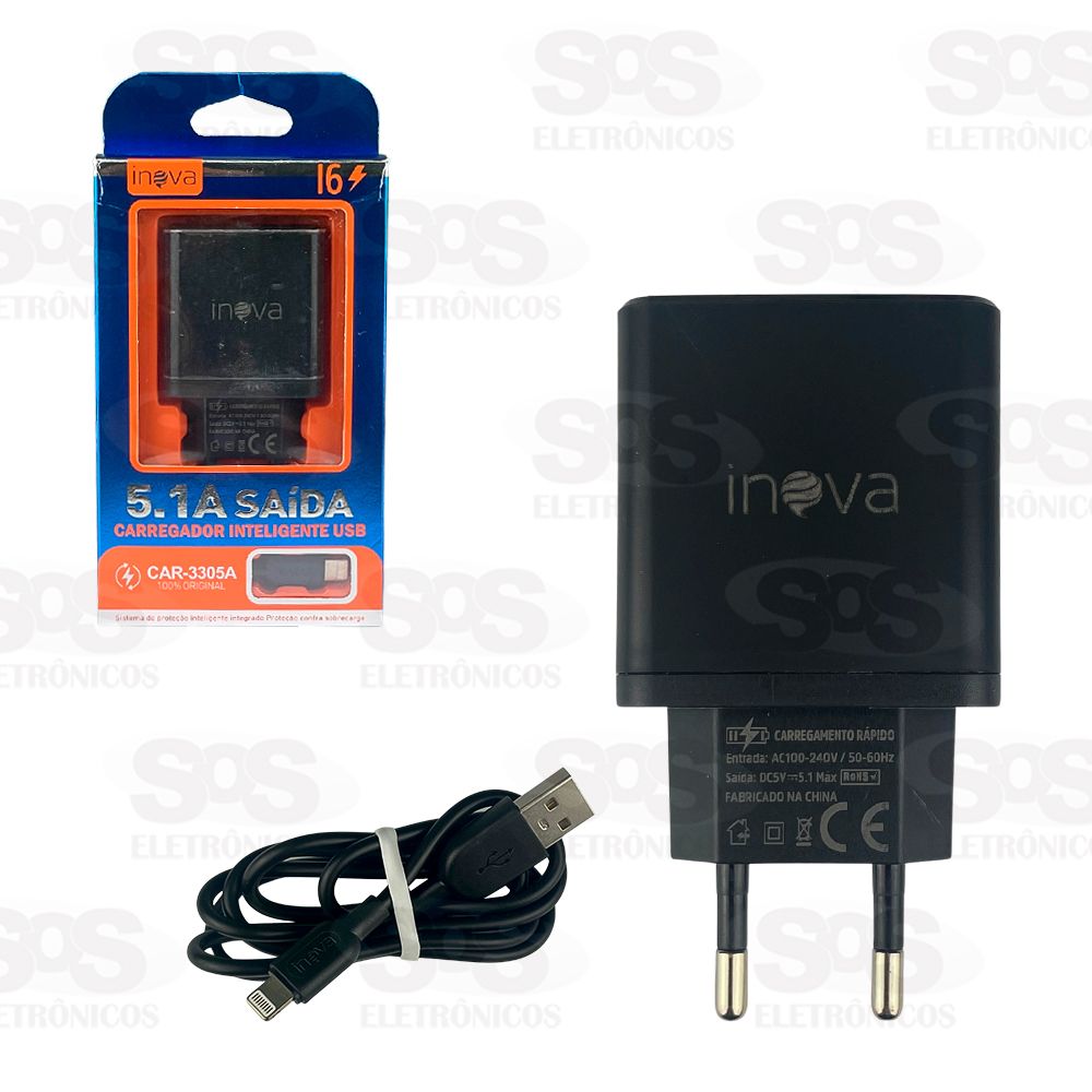 Carregador Com Cabo Iphone 5.1A 3 USB Inova CAR-3305A