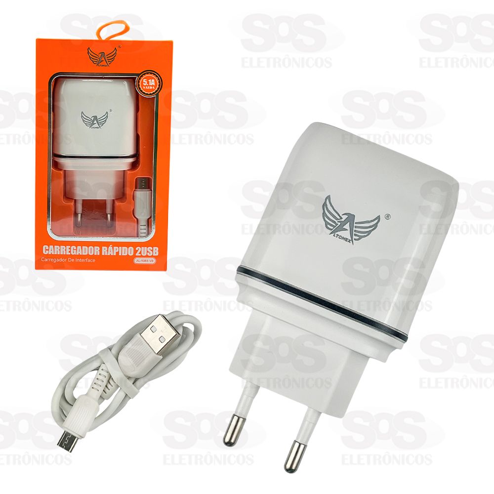 Carregador Rpido 2 USB 5.1A Com Cabo Micro USB V8 Altomex AL-9081-V8