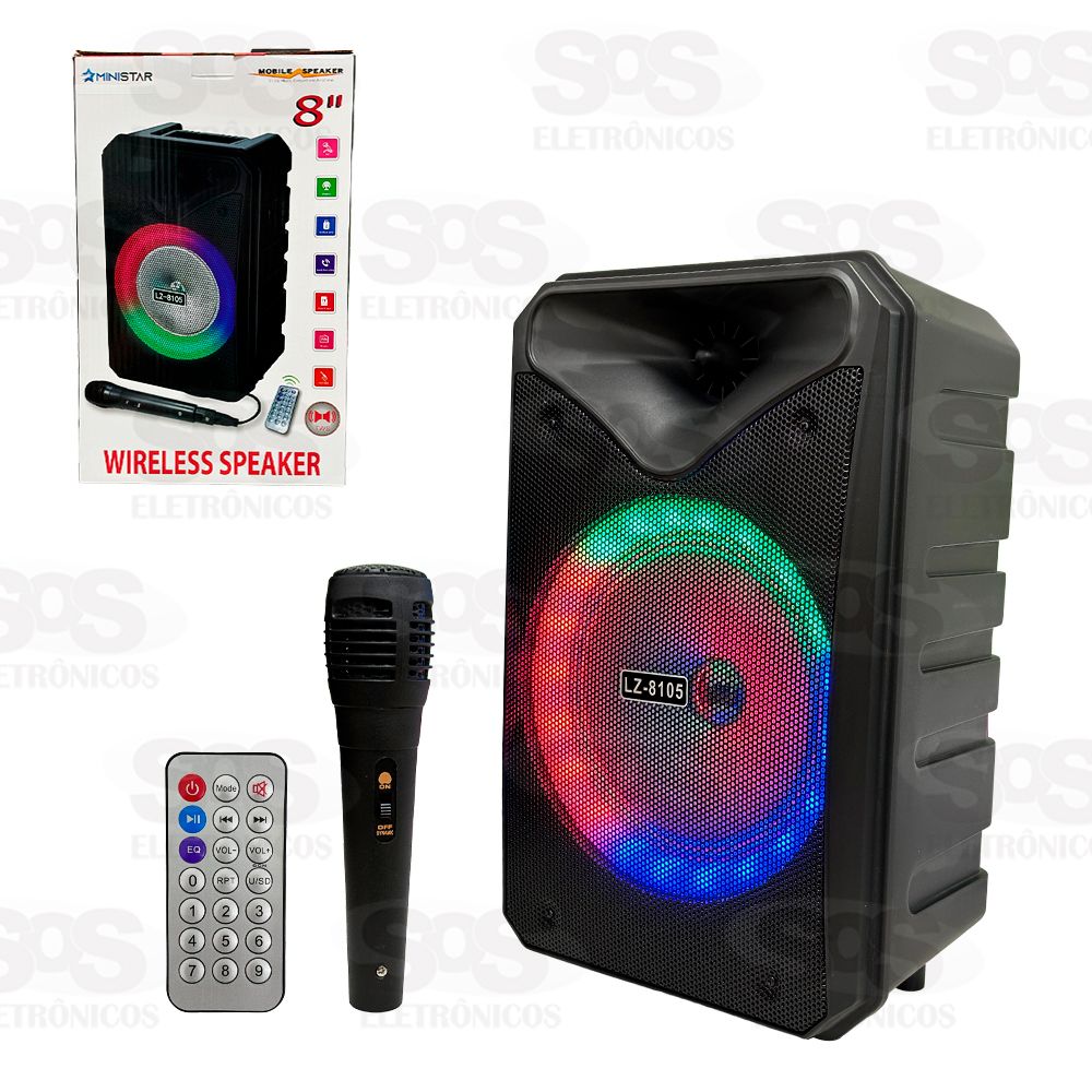 Caixa De Som 10W LED RGB Com Microfone e Controle Ministar LZ-8105