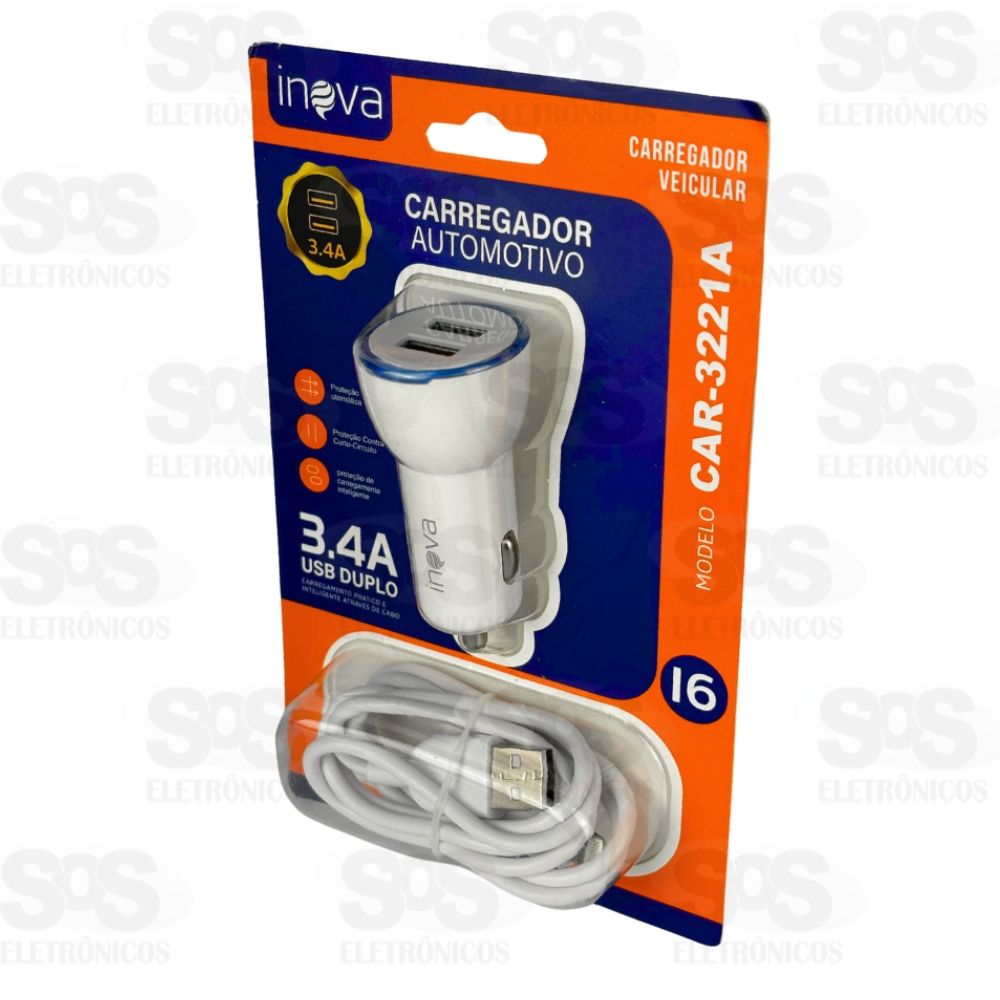 Carregador Veicular Com Cabo Iphone 3.4A 2 USB Inova CAR-3221A