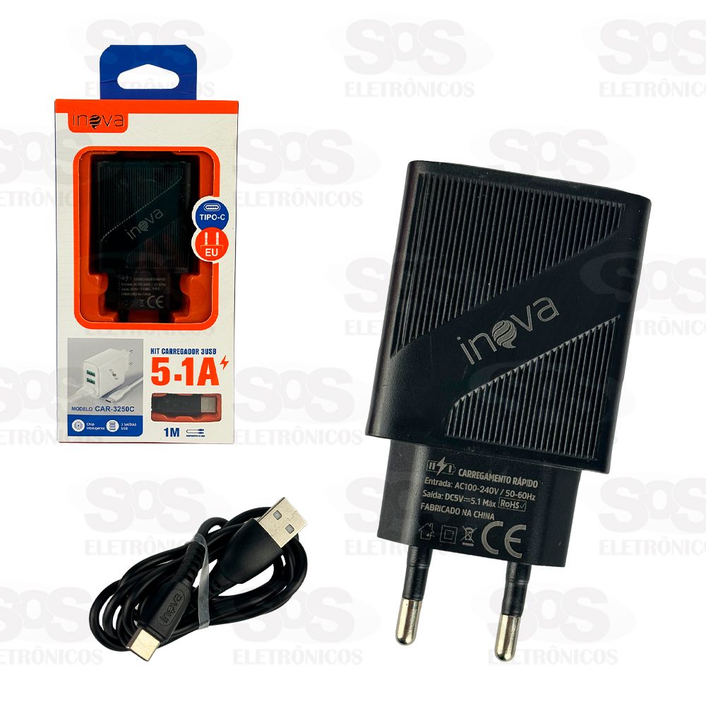 Carregador 3 USB 5.1A Com Cabo Type C Inova CAR-3250C