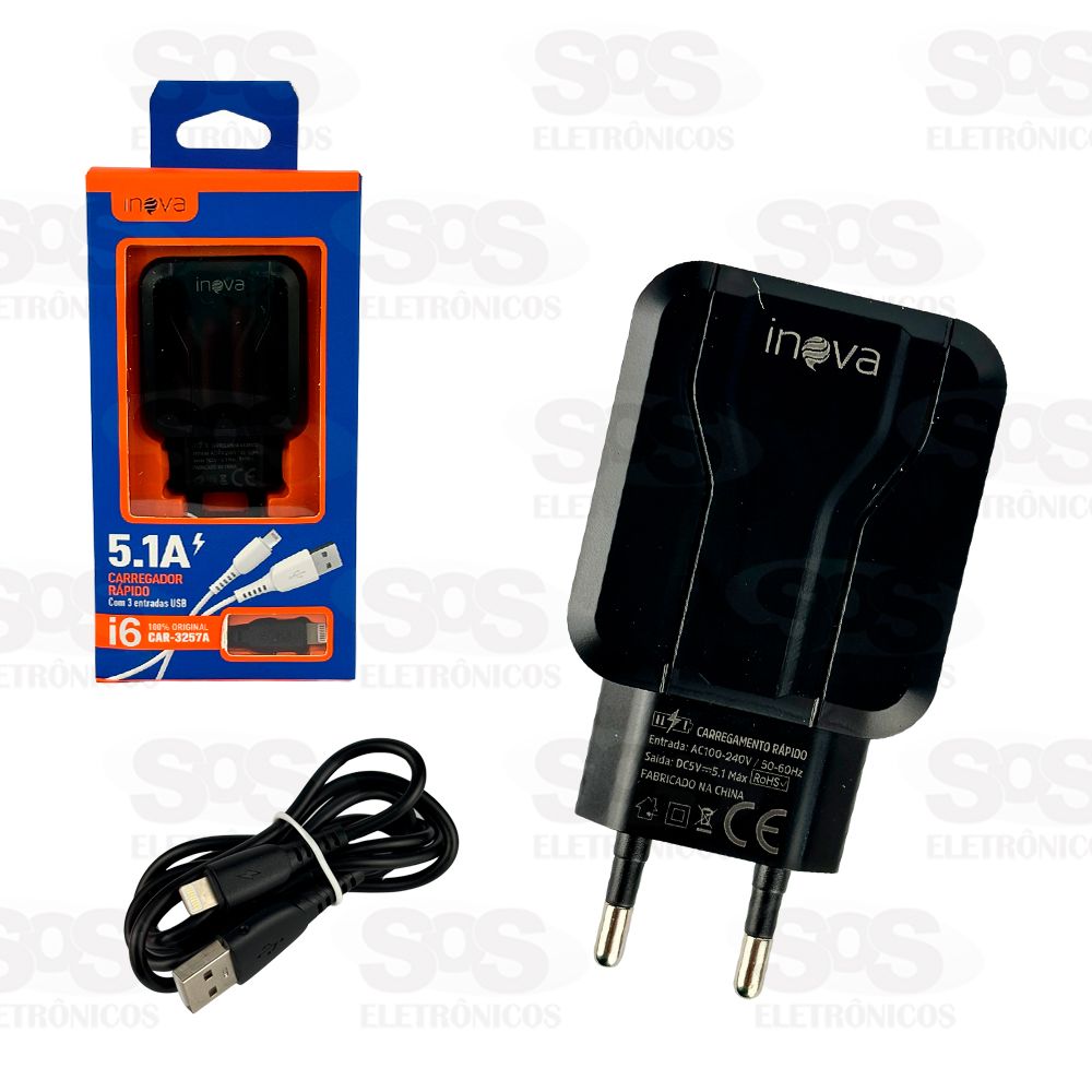Carregador 3 USB 5.1A Com Cabo Lightning Inova CAR-3257A