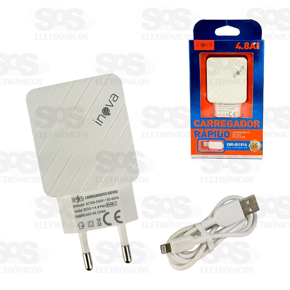 Carregador Rpido 2 USB 4.8A Cabo Iphone Inova CAR-G5181A