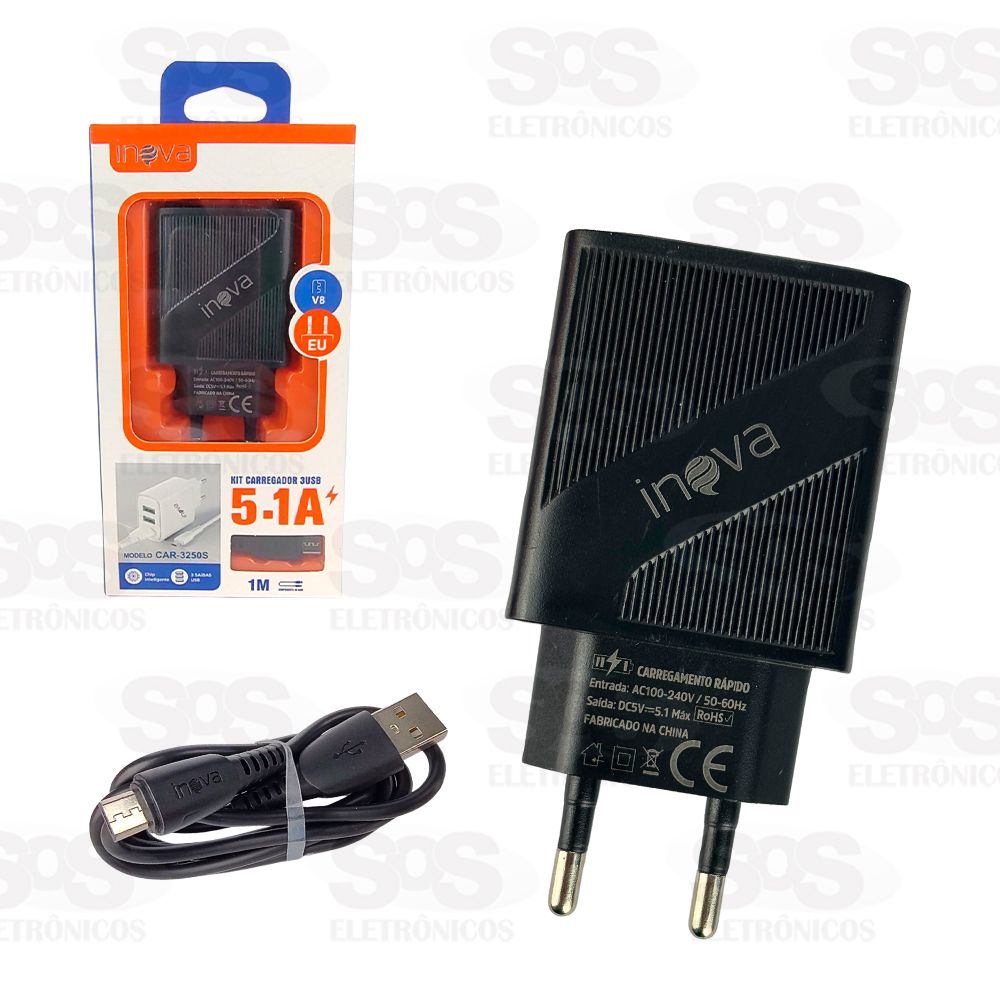 Carregador 3 USB 5.1A Com Cabo Micro V8 Inova CAR-3250S